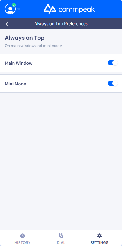 Screenshot with the Always on Top preferences