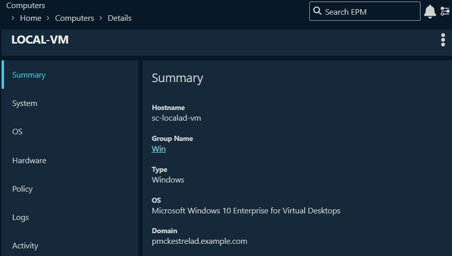 Computer details page displays summary, system, OS, hardware, and more.