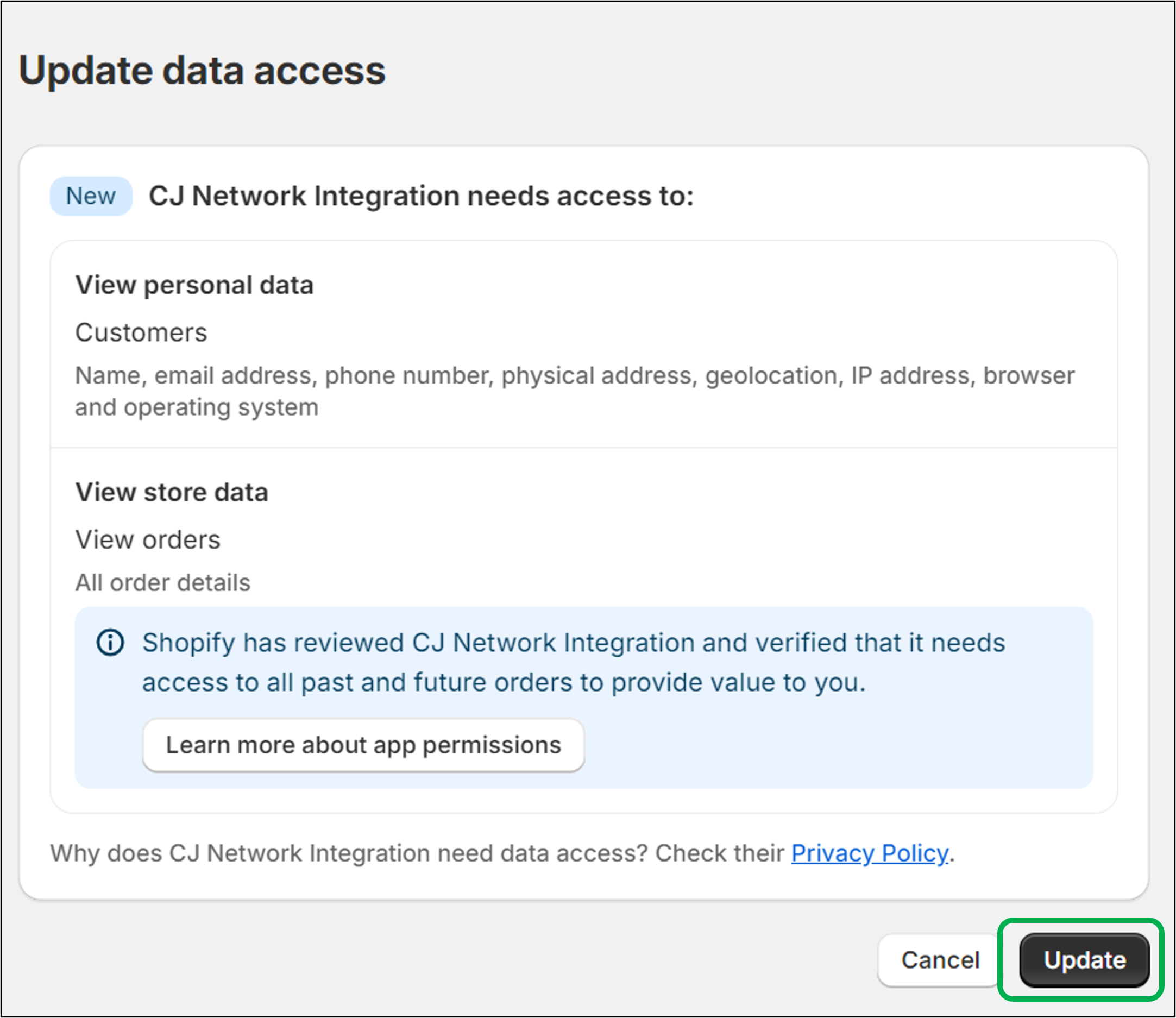 Update access permissions prompt