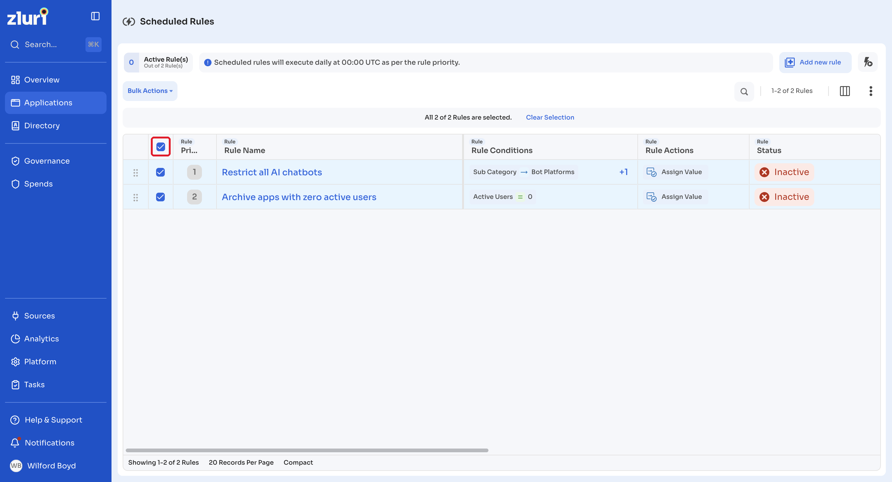 Header checkbox to select all rules