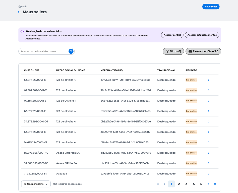 A busca mostra o status do seller e possíveis erros de cadastro ou domicílio bancário