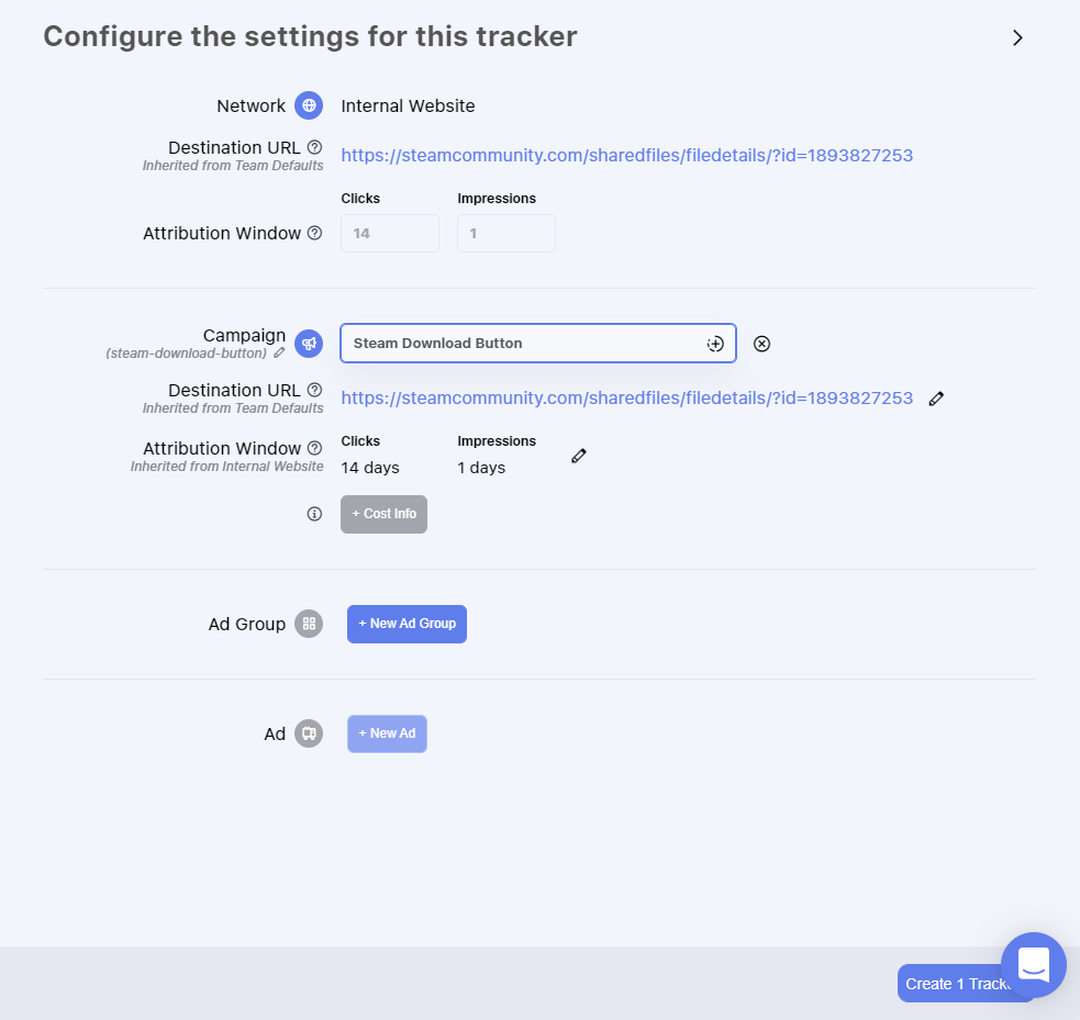 Example Tracker configuration for a download button on an internal marketing site