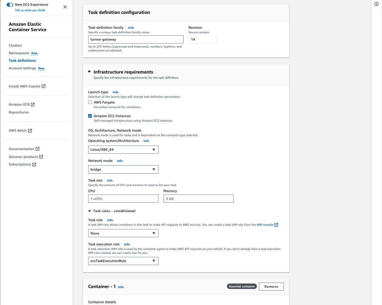 Task Definition (1/4) : Select EC2 Instances, and ensure the Task Size Memory is set to the maximum available in your instance (ex. 15 GB) 