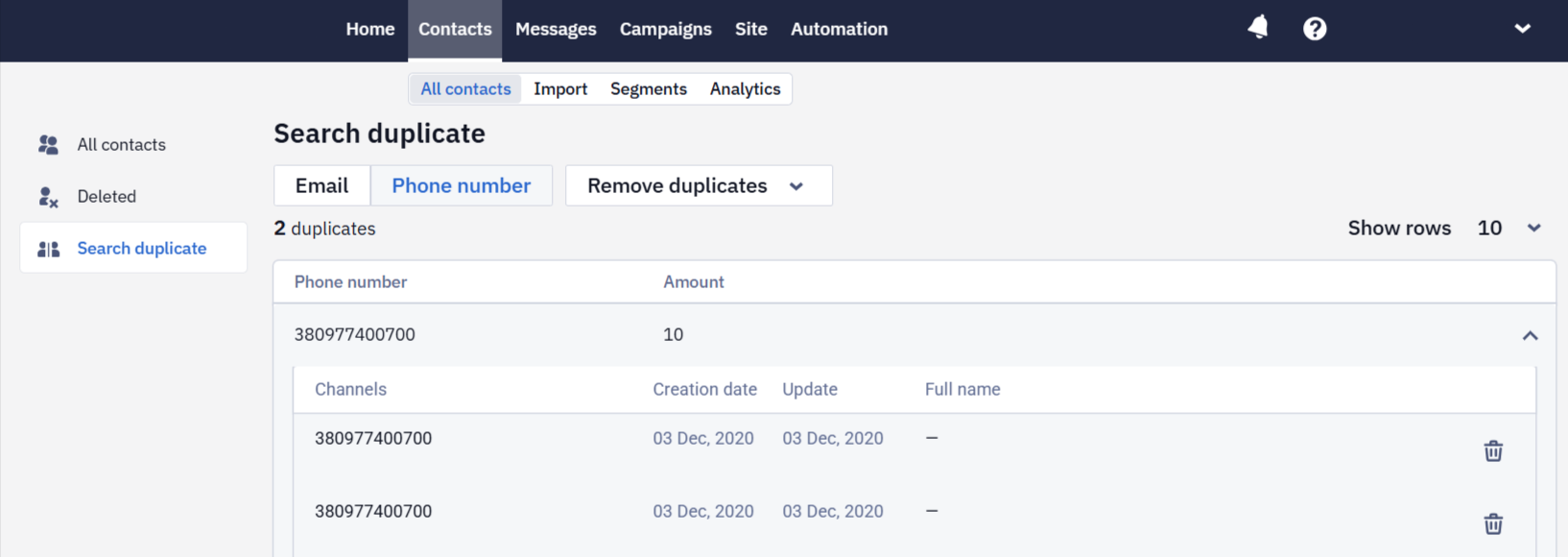 Duplicate contact details: channels, creation date, update, and full name