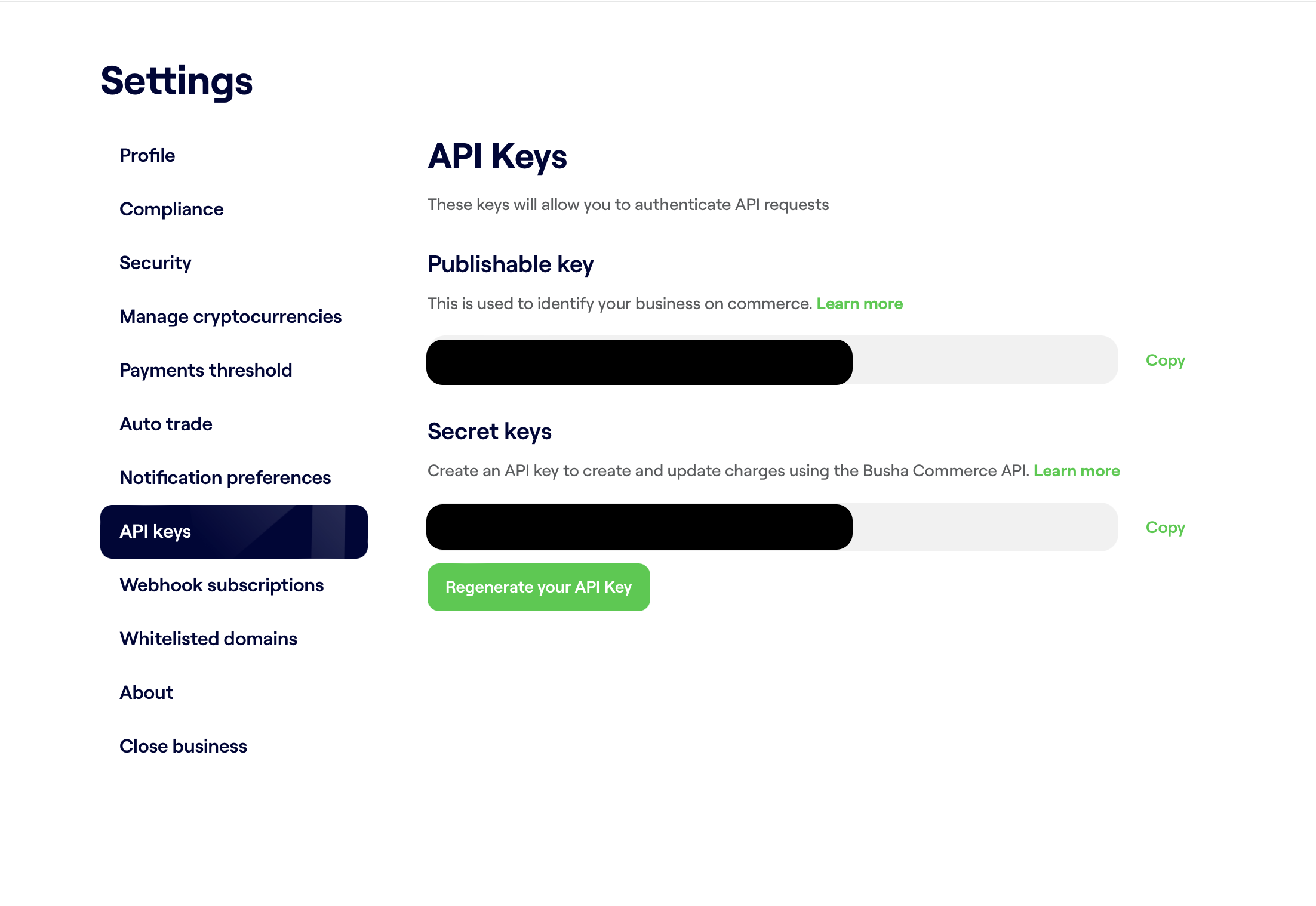 page to manage api keys