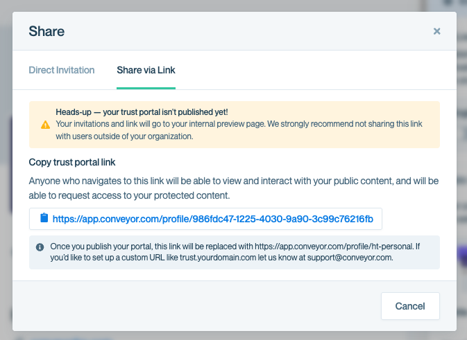 Trust Center 'Share' modal open to the Share via Link tab. A yellow banner warns 'Your Trust Center isn’t published yet!' A box below contains a draft link, with explanatory text about public and gated content access.