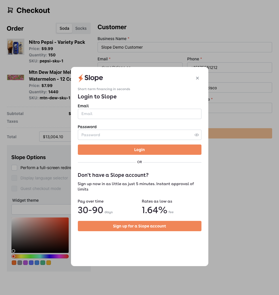 This early mock screenshot shows the start of checkout experience, first requiring a user to login or sign up