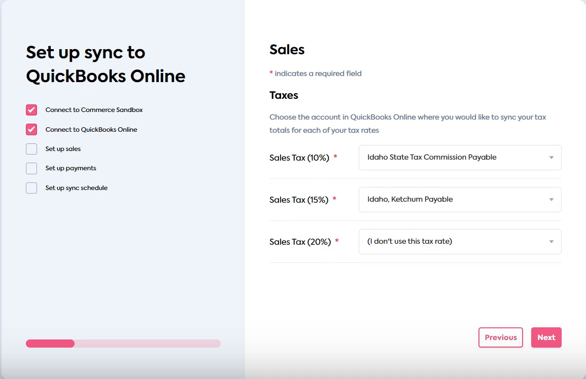 Sync Flow user interface displaying the tax mapping step with three sales tax categories with different mappings