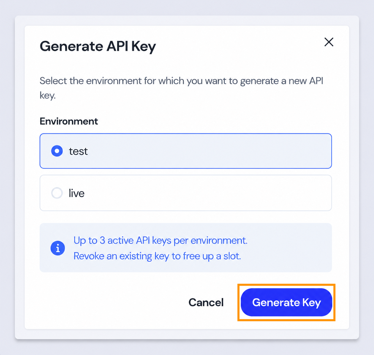 Test API Key, Live API Key 각각 하나씩 생성됨
