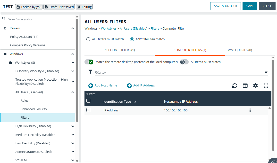 Adding a computer filter to a policy in EPM Policy Editor