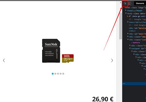 ![Product page inspection showing how to identify the product image container class name using browser developer tools