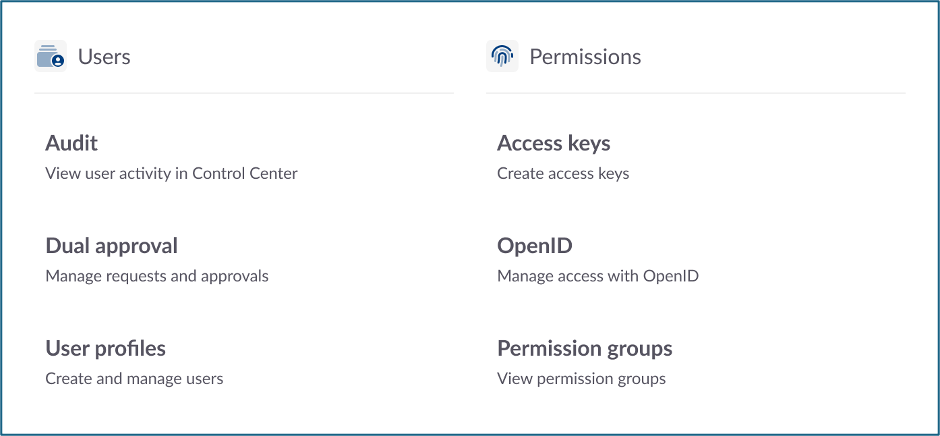 Control center users and permissions menu