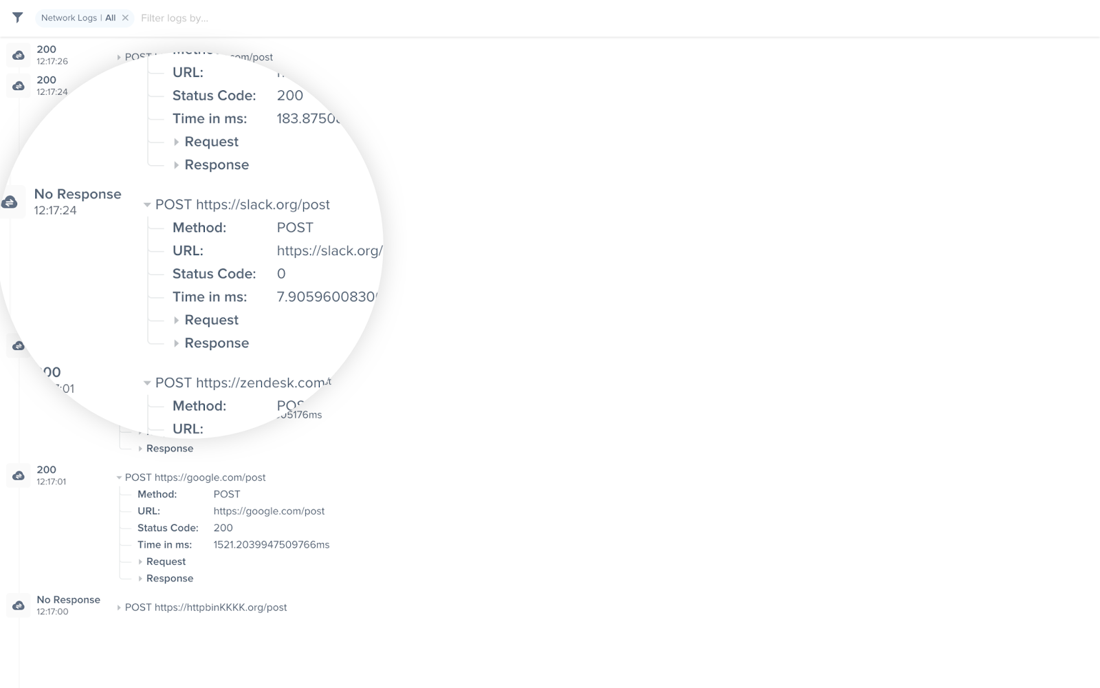 An example of network request logs in the Instabug dashboard