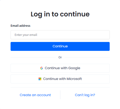 Screenshot of the Log in to continue screen with Continue, social login buttons below the divider
