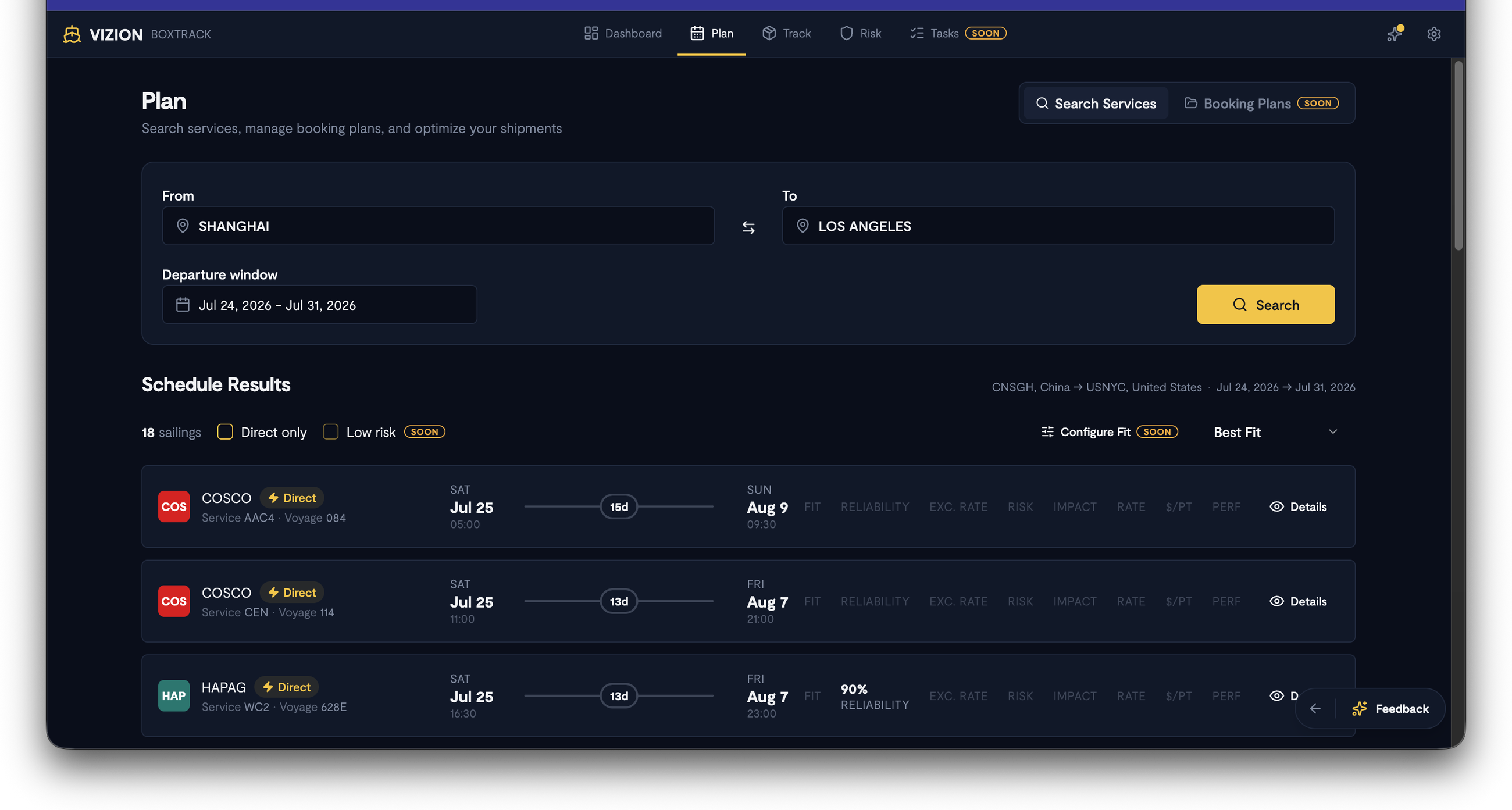 Screenshot: Search results list showing multiple sailing options with carrier logos, service names, voyage numbers, departure/arrival dates, transit times, and performance metrics columns