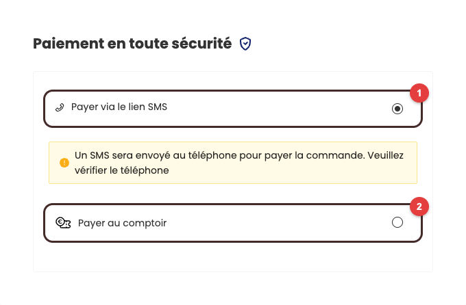 Étape de paiement en mode Centre d'appels : seuls Payer via le lien SMS et Payer au comptoir sont proposés, sans carte bancaire