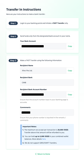 Bank transfer instructions UI example (Last Updated: 19 May 22)