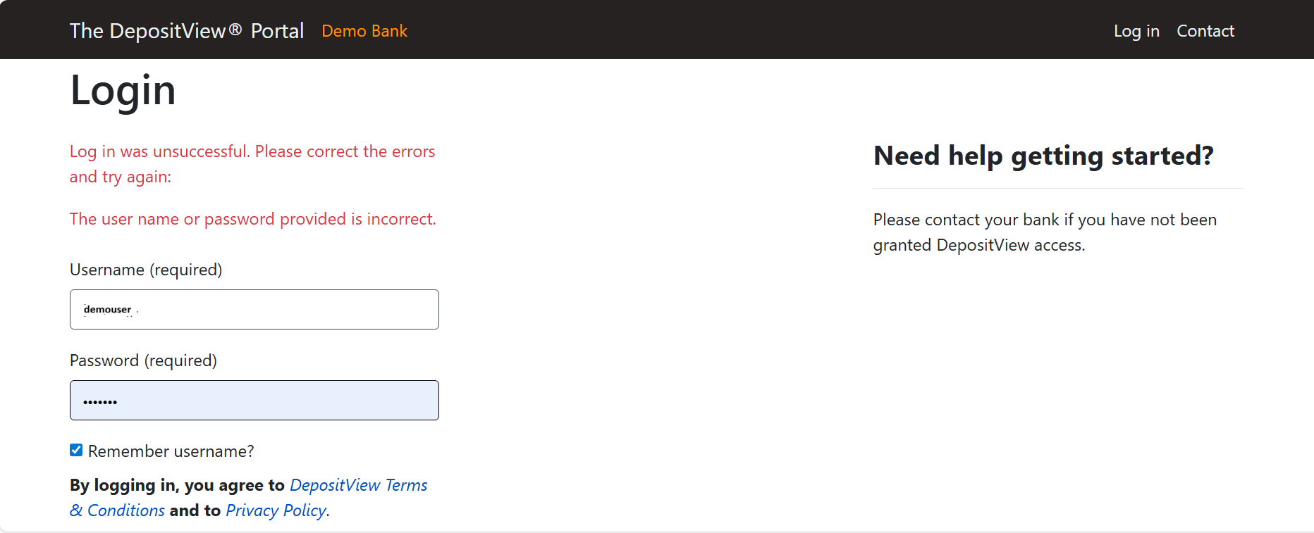 Unsuccessful Login Message