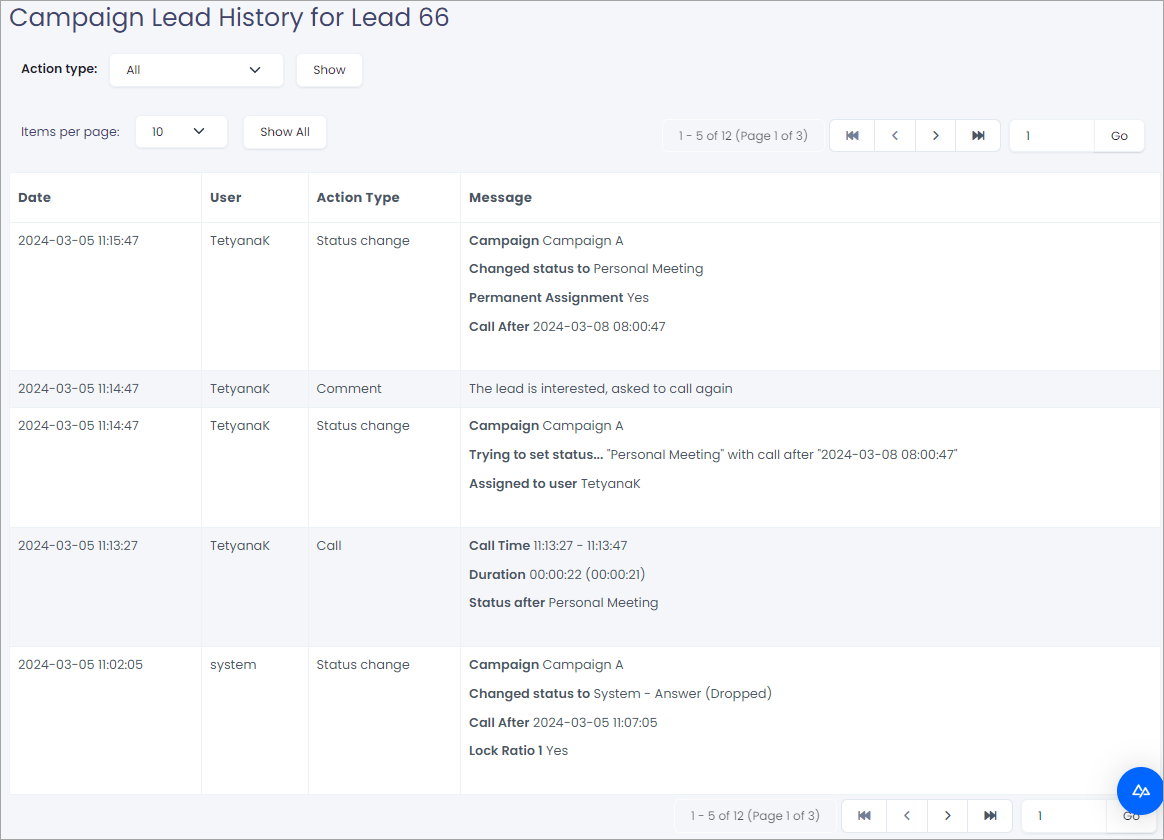 Screenshot of the viewing lead history