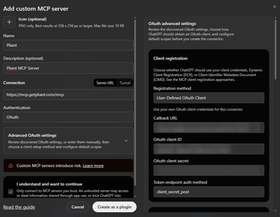 Advanced OAuth settings in ChatGPT