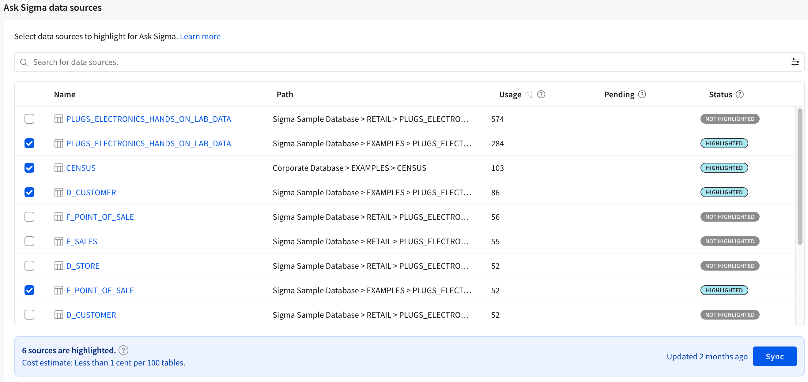 Image showing the Ask Sigma data source selection panel with one source selected to be added and highlighted, and another to be excluded