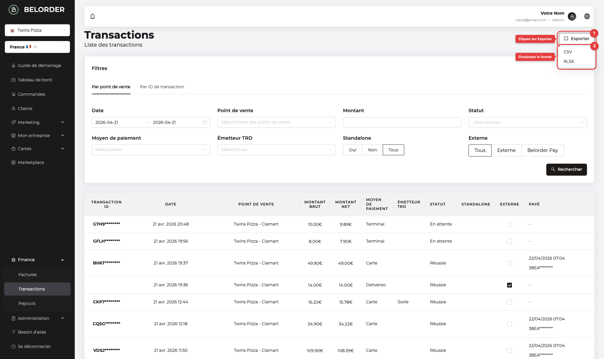 Menu d'export avec les formats CSV et XLSX