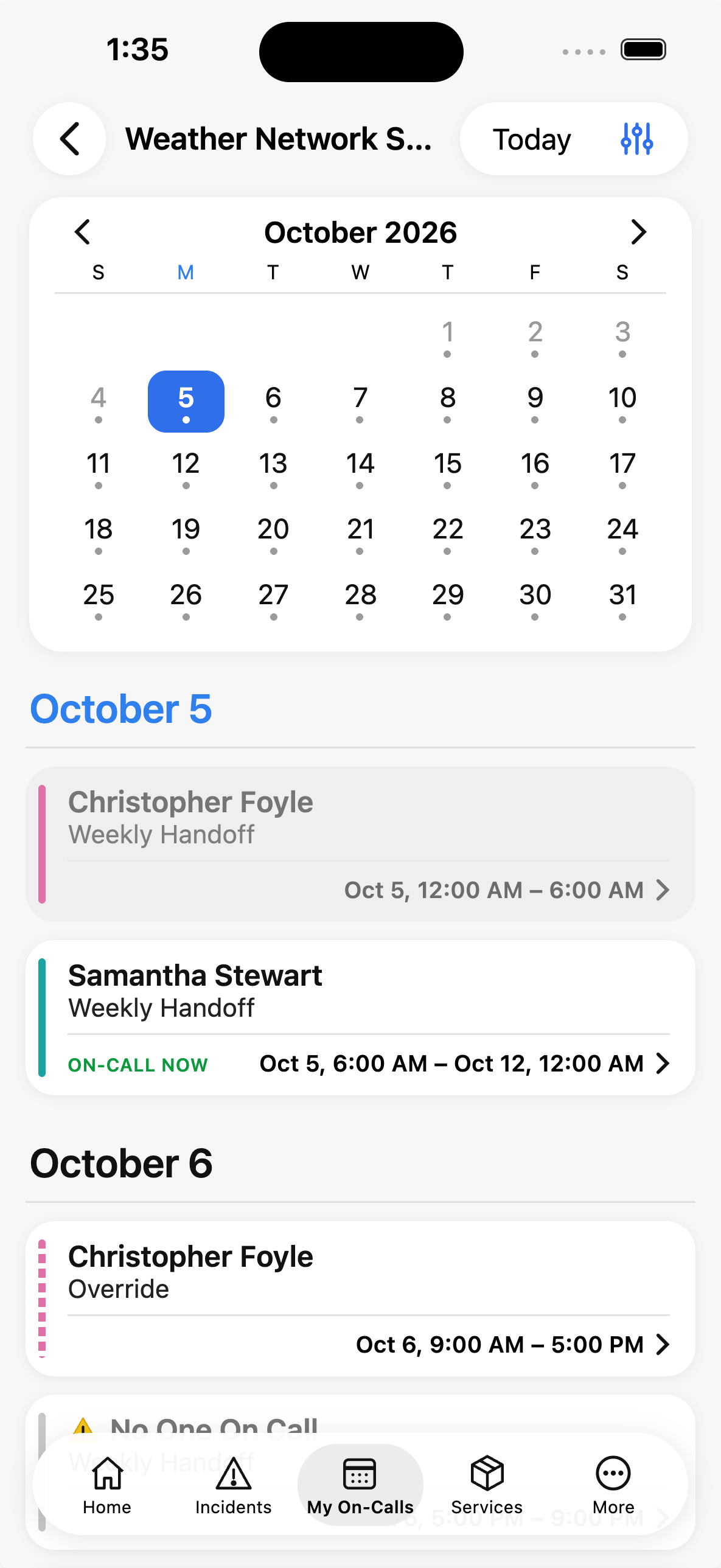 A screenshot of the PagerDuty mobile app showing the detailed view of a schedule
