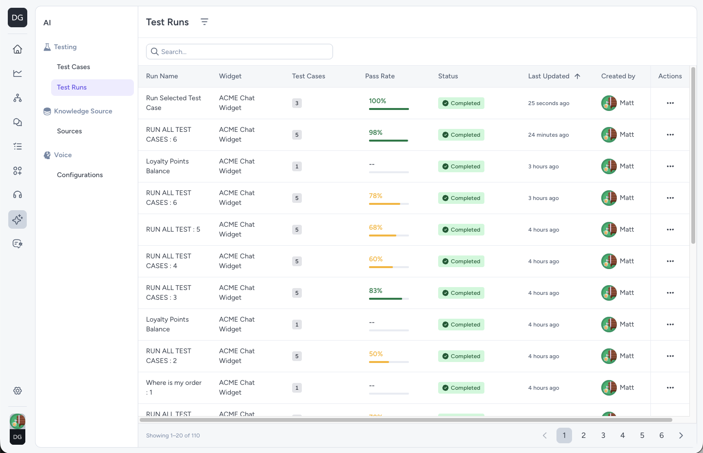 Test Runs list with run names, widgets, test case counts, pass rates, and statuses