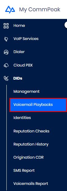 Screenshot of the DIDs > Voicemail Playbacks tab