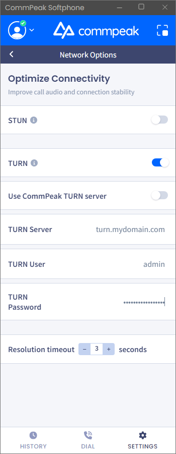 Screenshot of enabling TURN protocol settings using a custom server