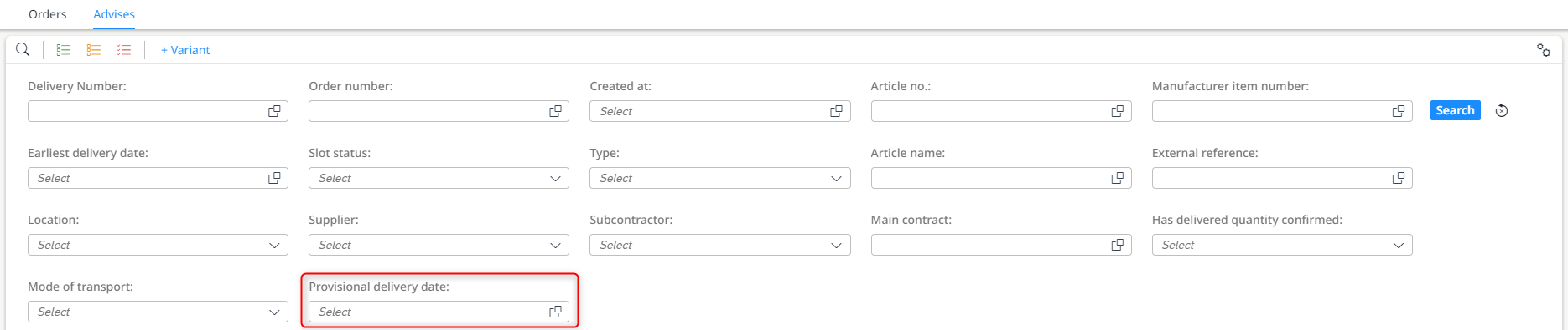 Filter entries by provisional delivery date