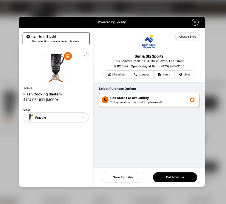 In this example, a store has an item in-stock but does not offer Store Pickup options, so the option presented is "Call Now"