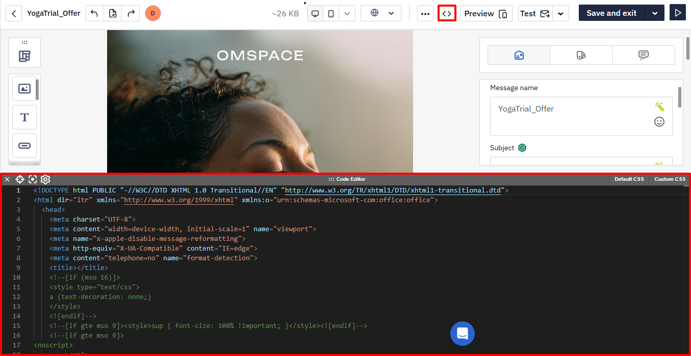 Code editor opened at the bottom of the screen with the email HTML highlighted
