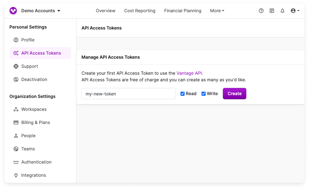 Access token in Vantage console