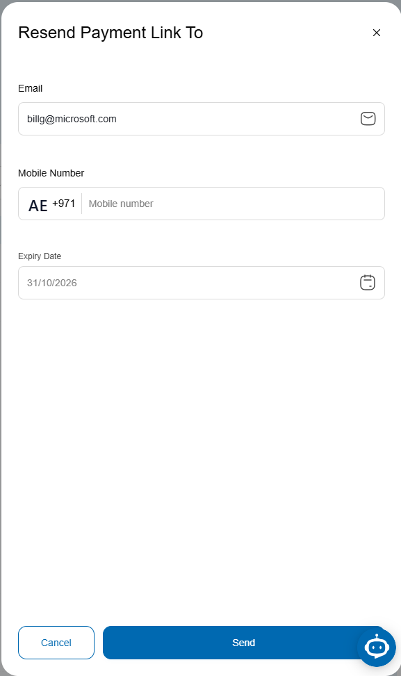 Resend payment link panel