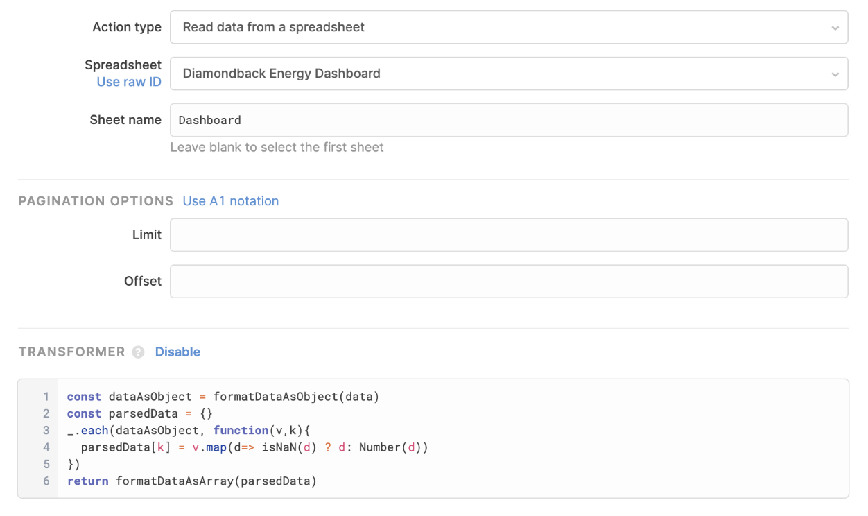 Using a query transformer to parse numerical values in a Read data Google Sheets query response