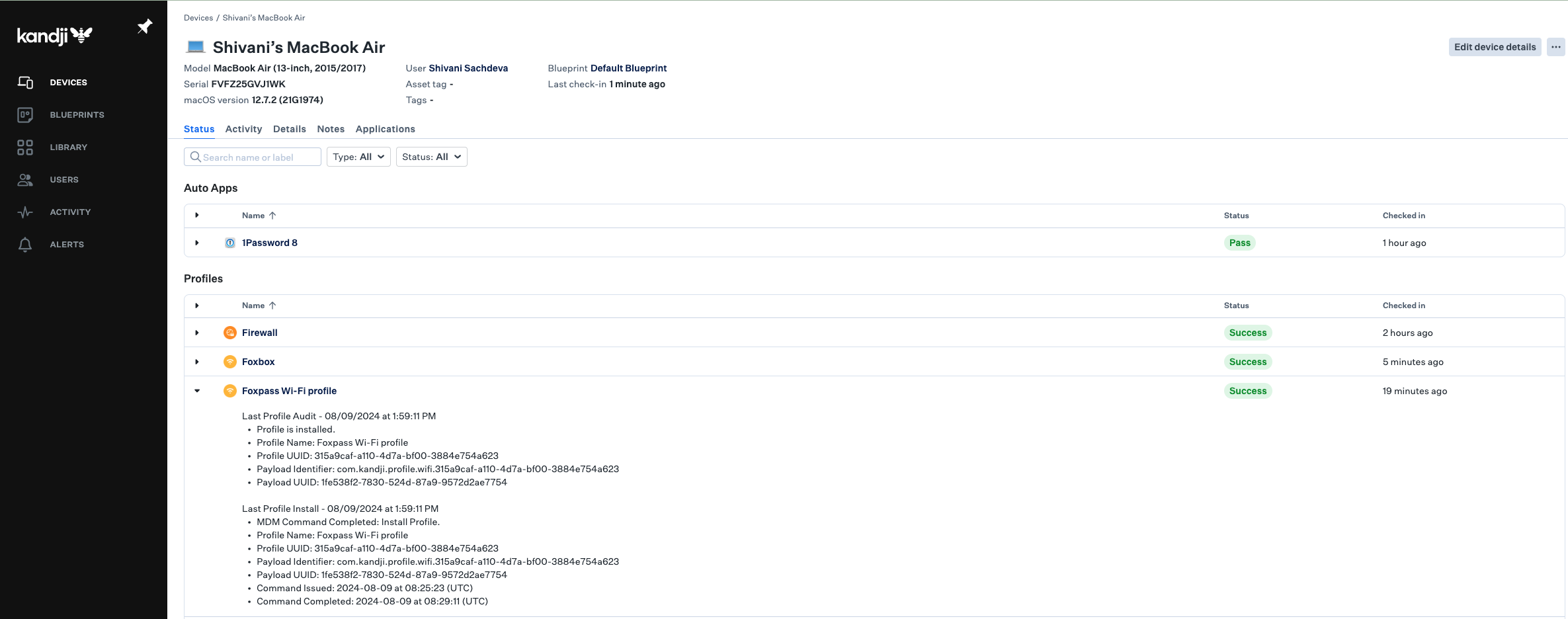 Sample status of Wi-Fi profile