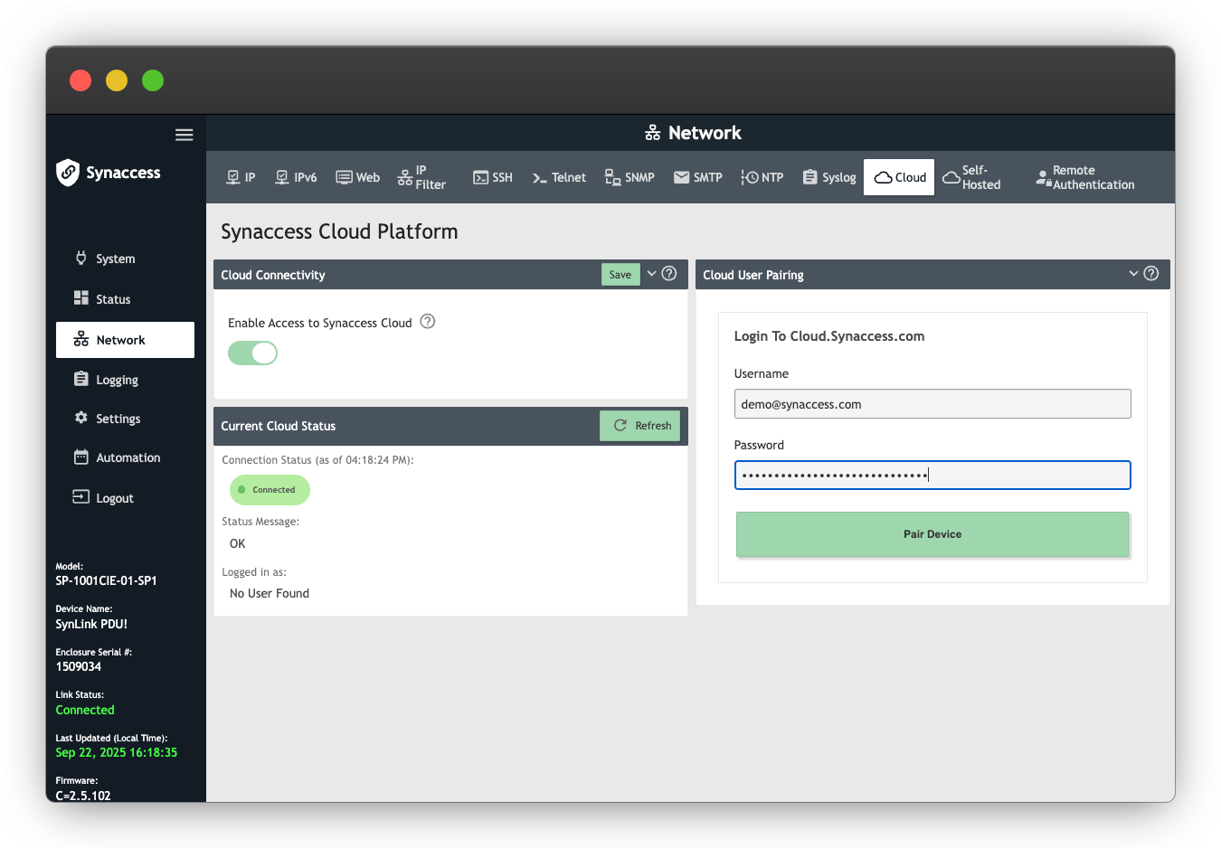 Cloud pairing page on the PDU's own web page (default: 192.168.1.100)
