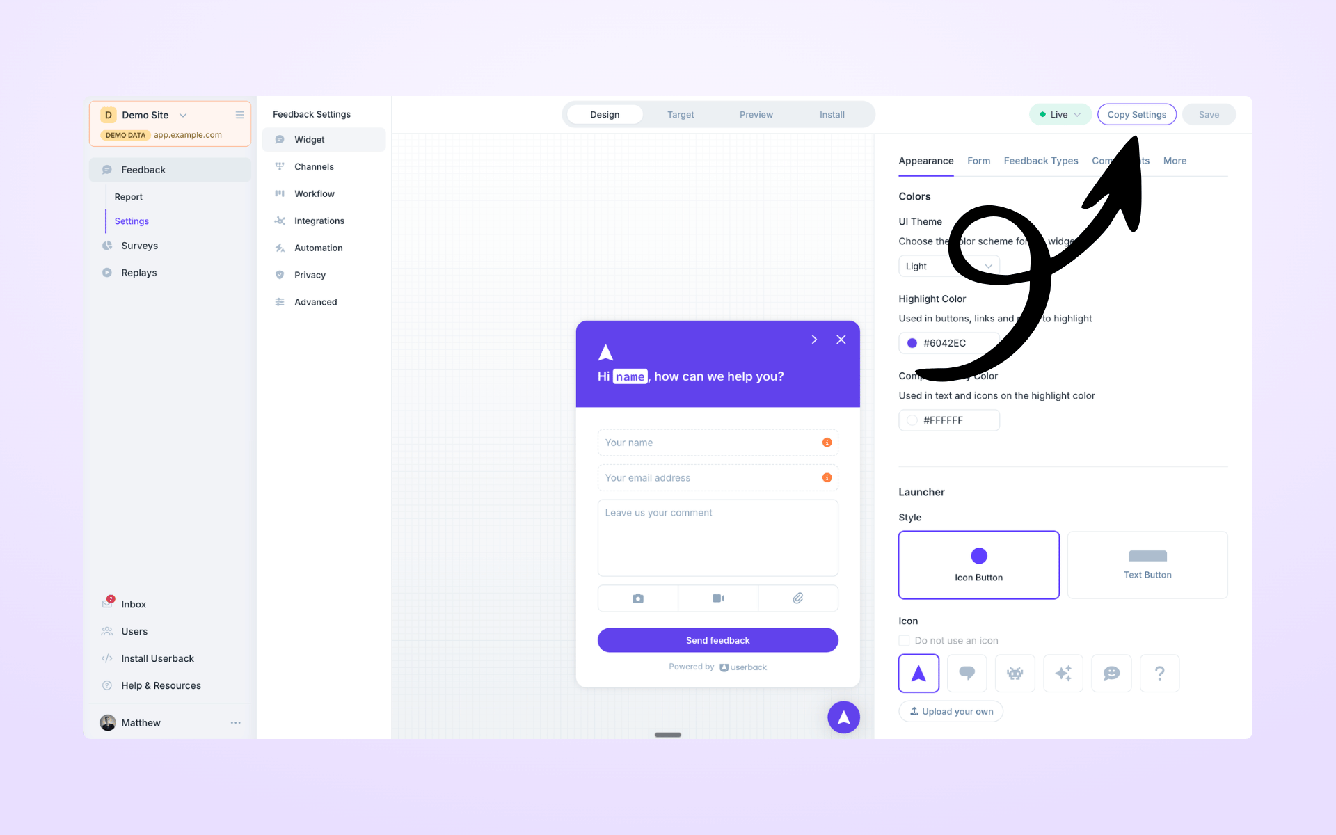 Widget Settings - Userback