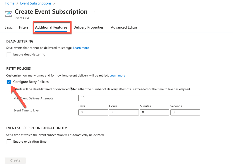 Azure Console - Event Subscription Additional Features tab