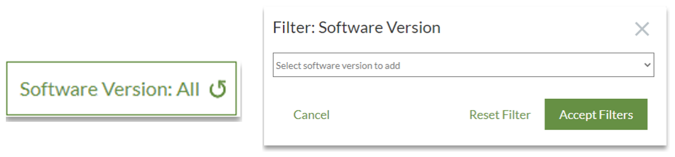 Left: Shows the Software Version Selected for the Report
Right: Shows the Software Version Filter Dialog Box