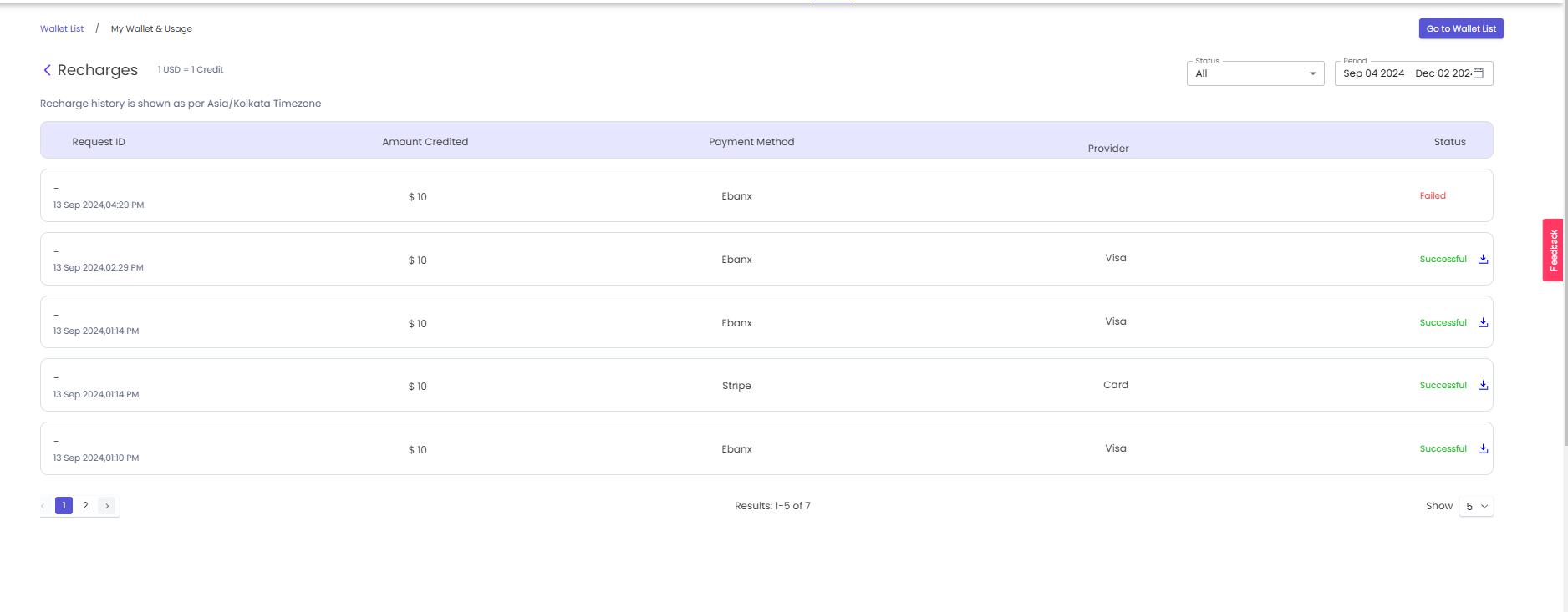 Recharge History page with date and status filters and invoice download icons