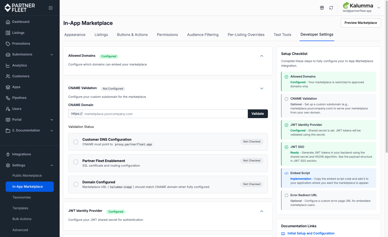 In-App Marketplace Developer Settings tab showing allowed domains, CNAME validation, JWT SSO, embed script, and error redirect settings