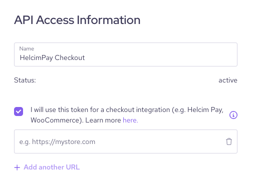 Screenshot showing a valid HelcimPay API Access Configuration with whitelisted domains