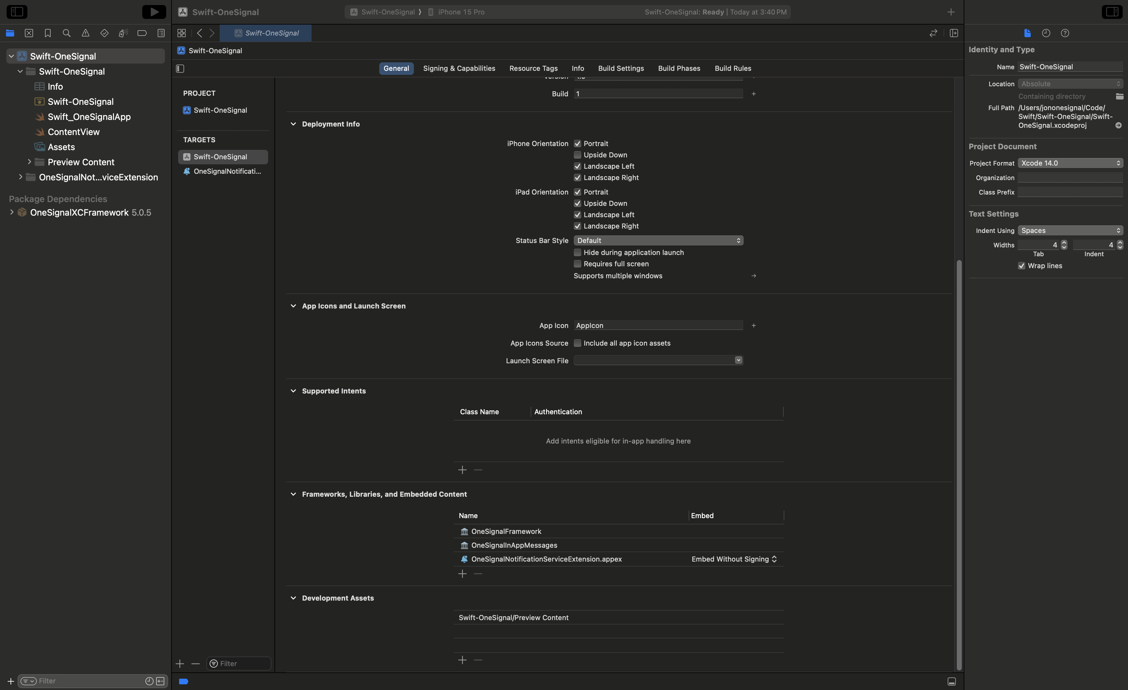 In this example, we correctly see the OneSignalFramework and OneSignalInAppMessages libraries are added. The OneSignalLocation library is missing because we excluded it in the previous step.