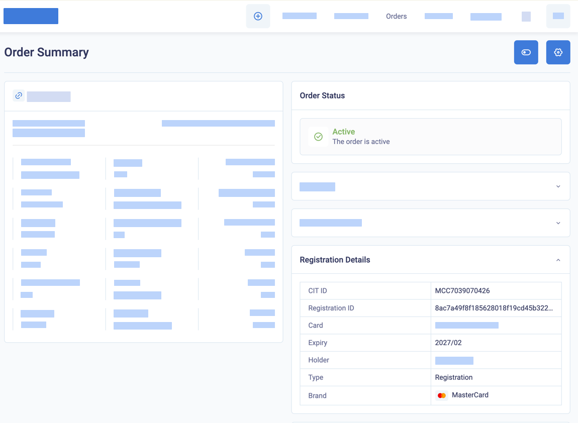 Card registration details in the order summary