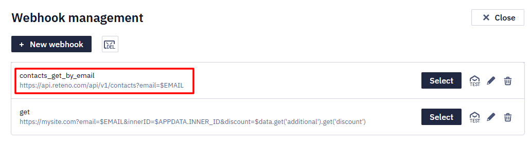 Webhook management dialog listing the newly created contacts_get_by_email webhook with a Select button, confirming it is now available for selection