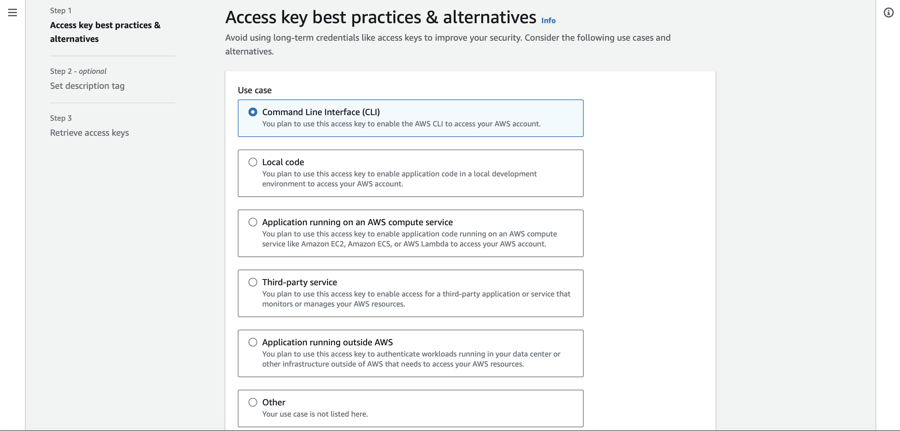 Figure 11. Select CLI as the use case for creating an access key 🔑 