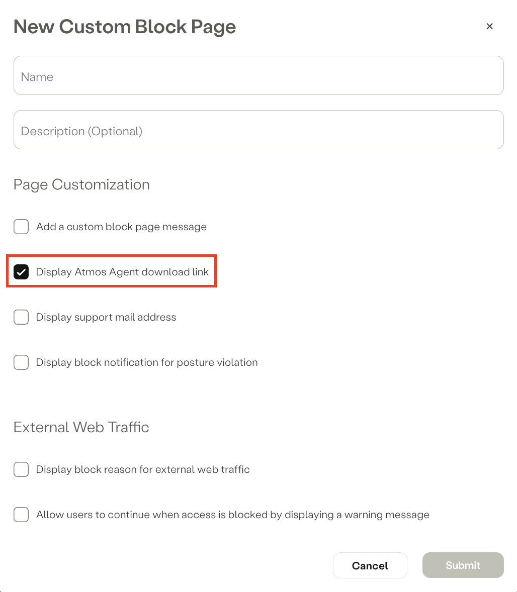 The end-user will come across a block page that provides the option to download the Atmos Agent