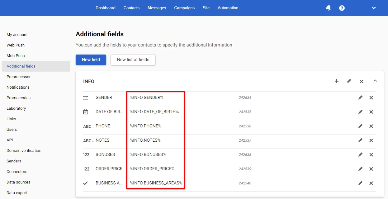 Variables in additional fields